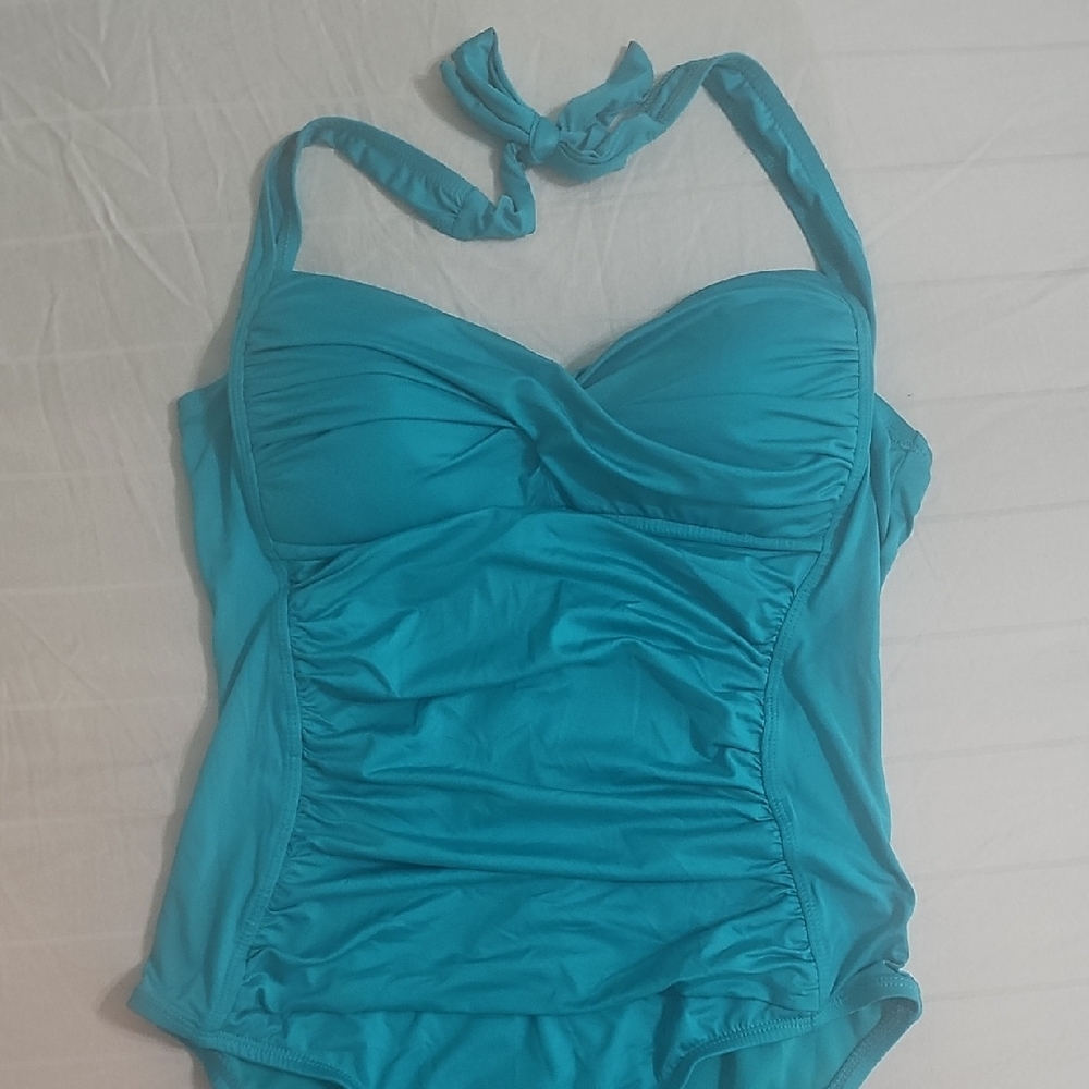 Liz Claiborne Blue One Piece Swimsuit with Halter Neck and Ruching